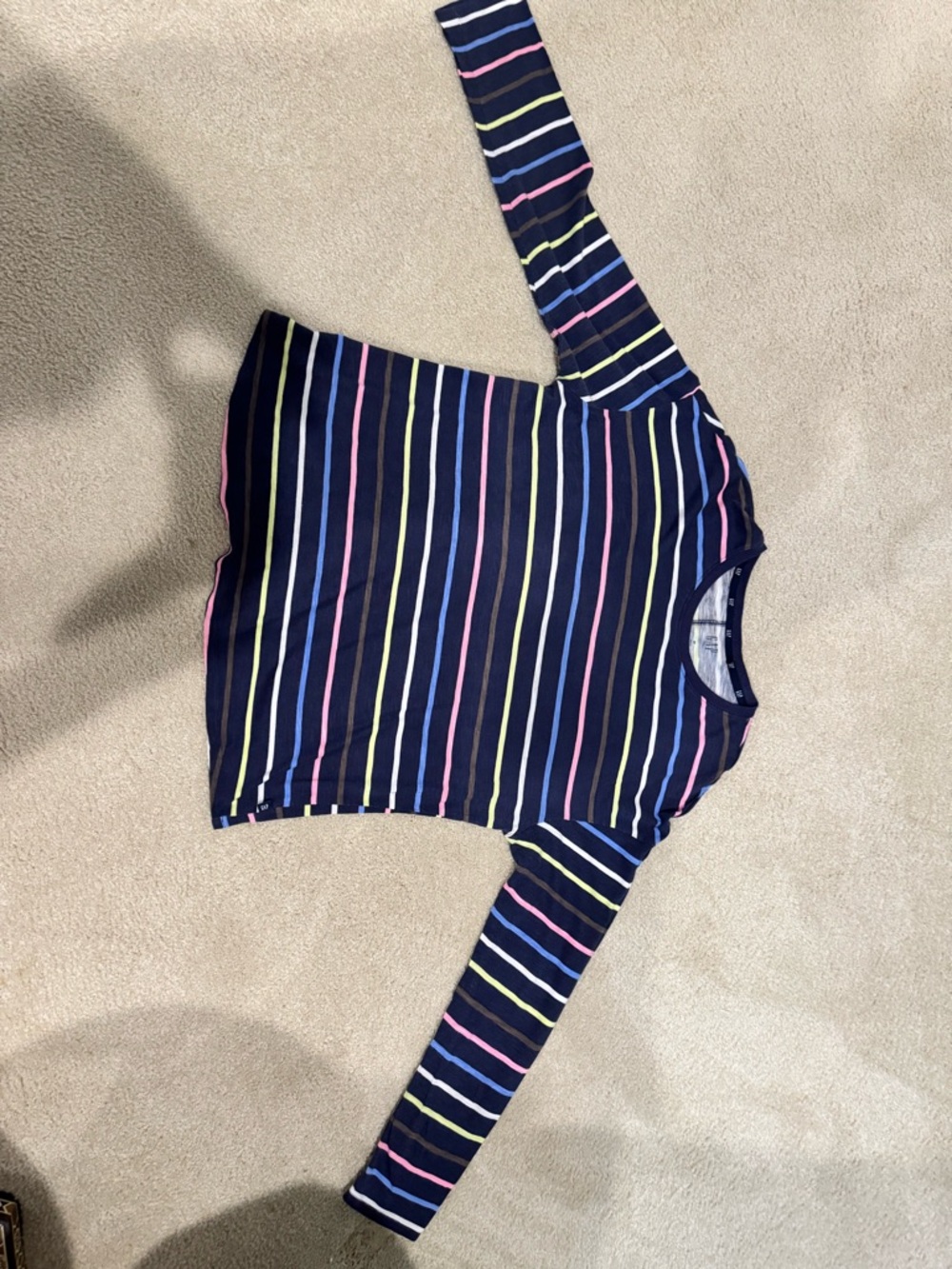 GAP Navy Long Sleeve Tee with Pink, Yellow, Blue Stripes